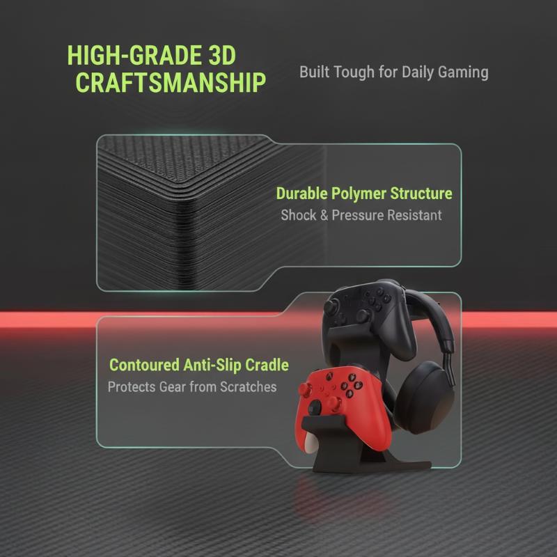 Gaming Accessories Rack - ユニバーサル対応のデュアルゲームコントローラー用ヘッドホンスタンド。多機能収納ラックで、デスク周りのゲーム環境に欠かせないアクセサリー。