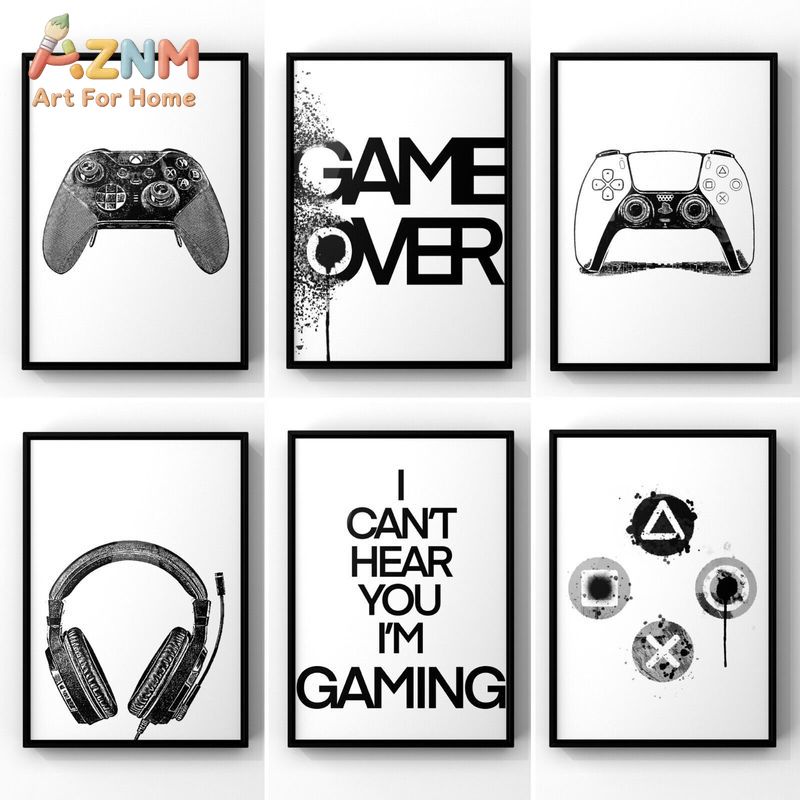Gaming Accessories For Room - AZNM ブラックホワイト ゲーミングキャンバス ウォールアート ゲームコントローラー ヘッドセット